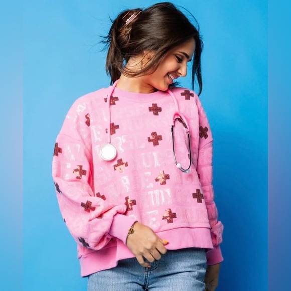 QUEEN OF SPARKLES Pink Sequin NURSE Allover Sweatshirt NWT - Picture 7 of 13